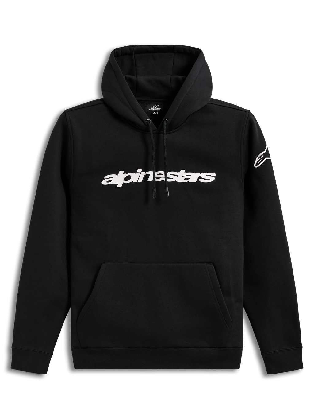 Alpinestars Race Wordmark Hoodie, czarna i biała bluza polarowa z kapturem, logotyp na piersi i logo na rękawie.