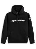 Alpinestars Race Wordmark Hoodie, czarna i biała bluza polarowa z kapturem, logotyp na piersi i logo na rękawie.