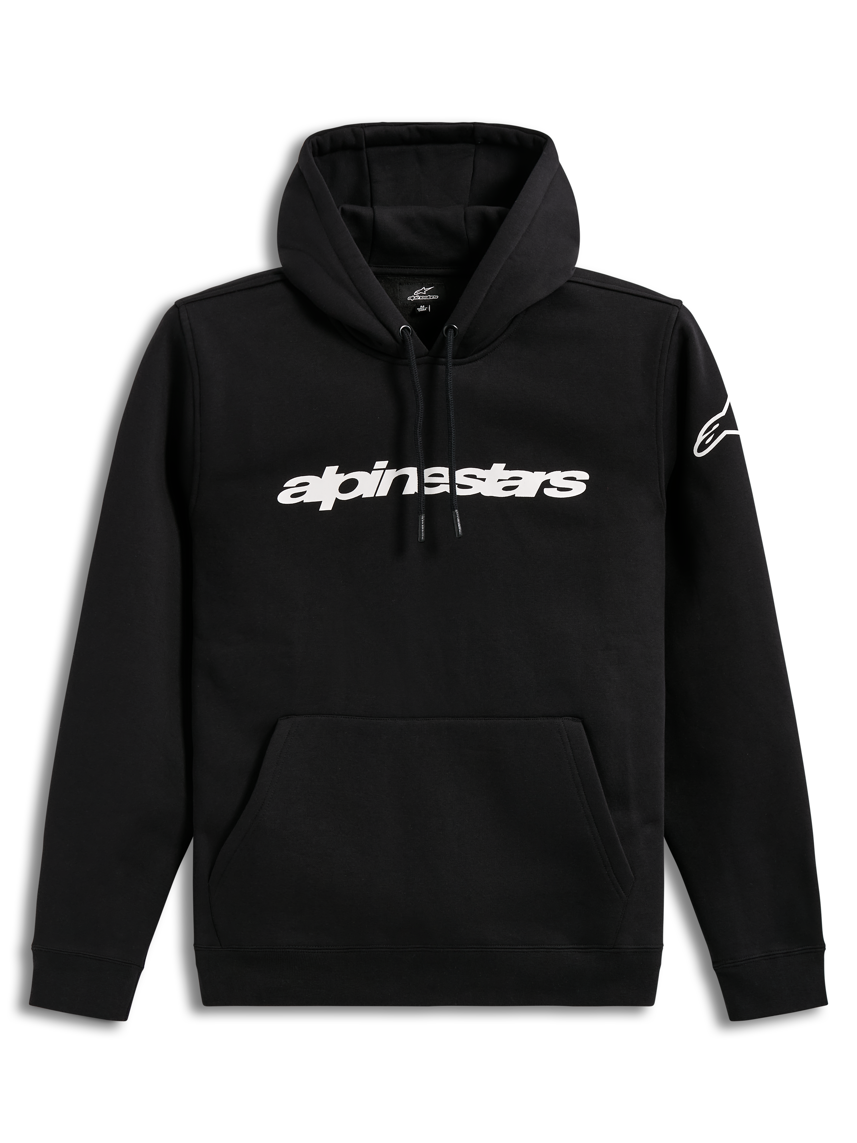 Alpinestars Race Wordmark Hoodie, czarna i biała bluza polarowa z kapturem, logotyp na piersi i logo na rękawie.