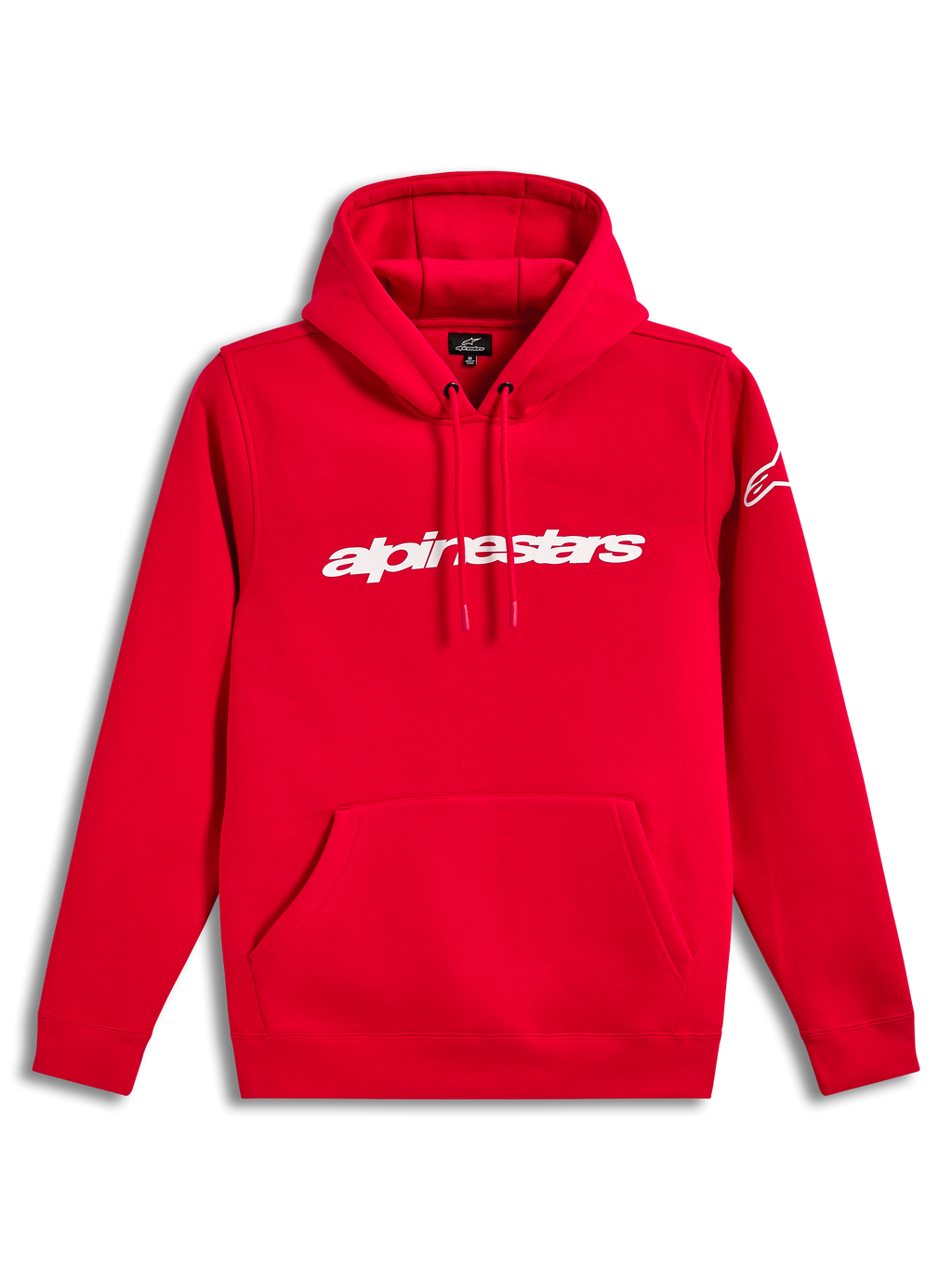 Alpinestars Race Wordmark Hoodie, czerwona bluza polarowa z kapturem, białe linearne logo na piersi, kieszeń przednia i logo Ageless na rękawie, sportowa odzież codzienna.