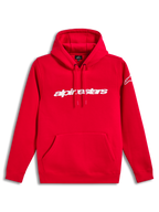 Alpinestars Race Wordmark Hoodie, czerwona bluza polarowa z kapturem, białe linearne logo na piersi, kieszeń przednia i logo Ageless na rękawie, sportowa odzież codzienna.