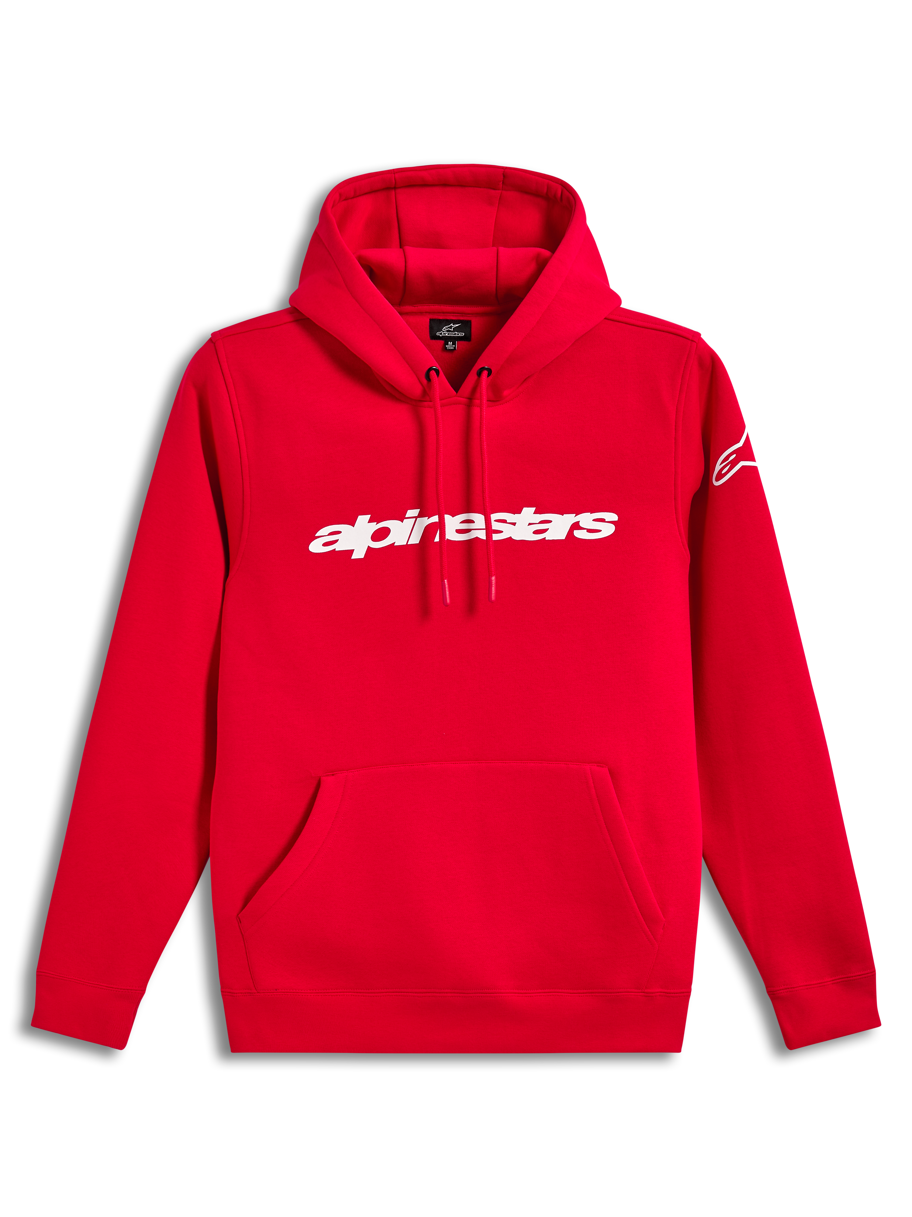 Alpinestars Race Wordmark Hoodie, czerwona bluza polarowa z kapturem, białe linearne logo na piersi, kieszeń przednia i logo Ageless na rękawie, sportowa odzież codzienna.
