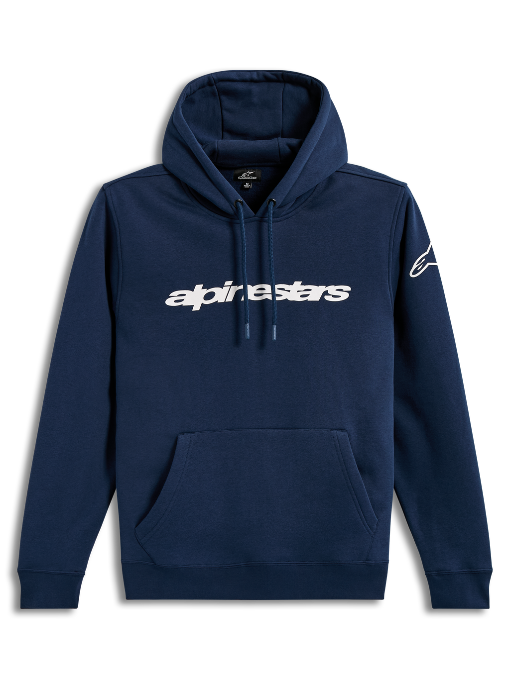 Alpinestars Race Wordmark Hoodie, granatowa i biała bluza polarowa z kapturem, białe logo na przodzie, odzież sportowa.