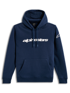 Alpinestars Race Wordmark Hoodie, granatowa i biała bluza polarowa z kapturem, białe logo na przodzie, odzież sportowa.