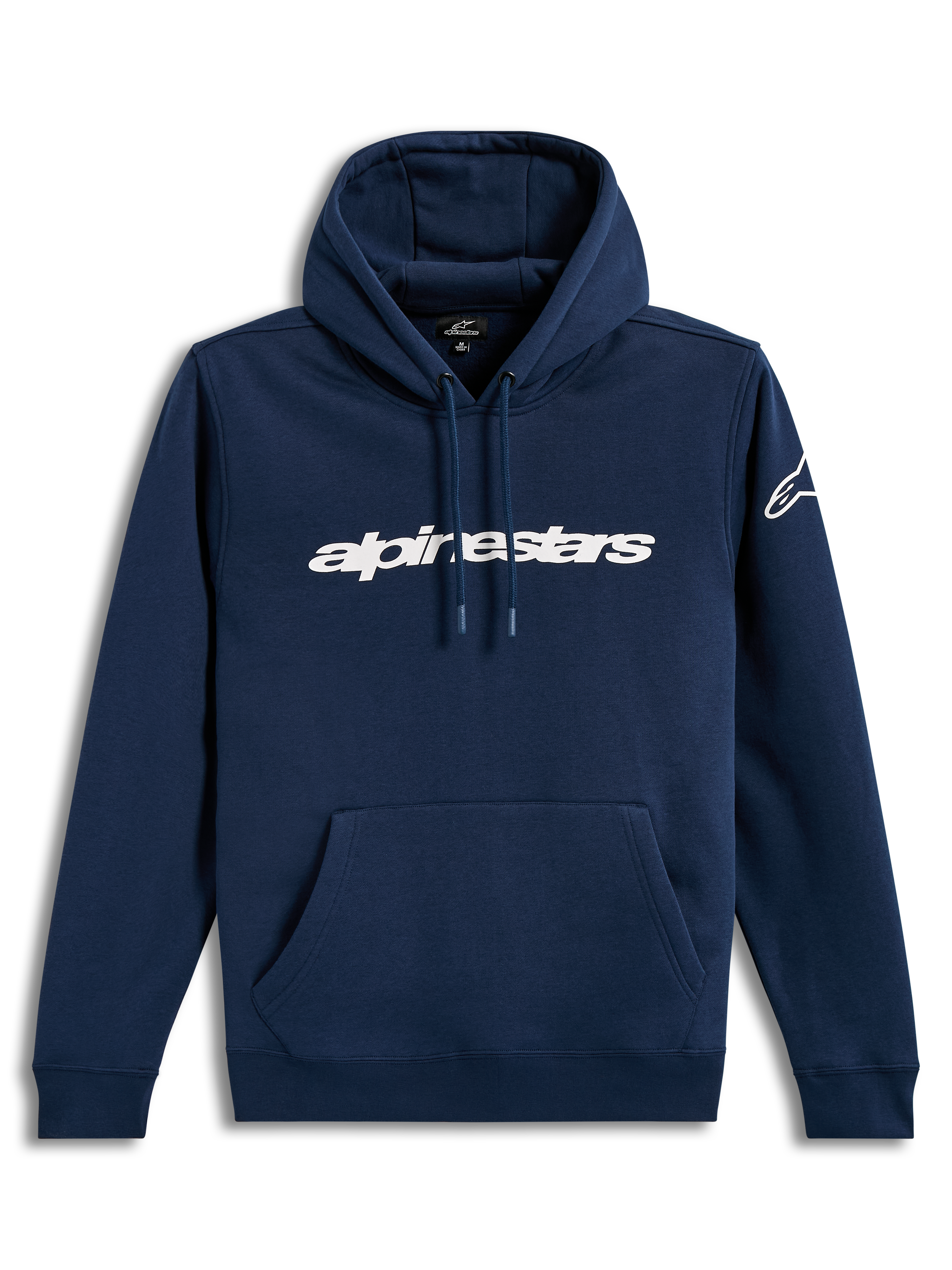 Alpinestars Race Wordmark Hoodie, granatowa i biała bluza polarowa z kapturem, białe logo na przodzie, odzież sportowa.