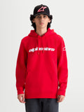Alpinestars bluza z kapturem Race Wordmark, męska bluza sportowa typu pullover, czerwona i biała, z białym logo Race Linear na klatce piersiowej i grafiką Ageless na rękawie, wykonana z mieszanki bawełny i poliestru z recyklingu, styl inspirowany motorsportem.