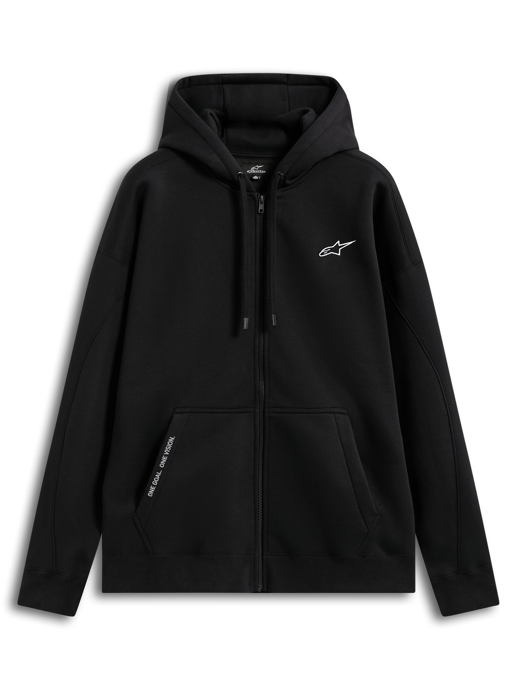 Alpinestars Pioneer Oversized Hoodie, czarna bluza z kapturem na zamek, krój oversize, przedni zamek Vislon, kieszeń kangurka z haftem ONE GOAL. ONE VISION., haftowane logo na piersi, wykonana z bawełny i poliestru z recyklingu