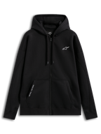 Alpinestars Pioneer Oversized Hoodie, czarna bluza z kapturem na zamek, krój oversize, przedni zamek Vislon, kieszeń kangurka z haftem ONE GOAL. ONE VISION., haftowane logo na piersi, wykonana z bawełny i poliestru z recyklingu