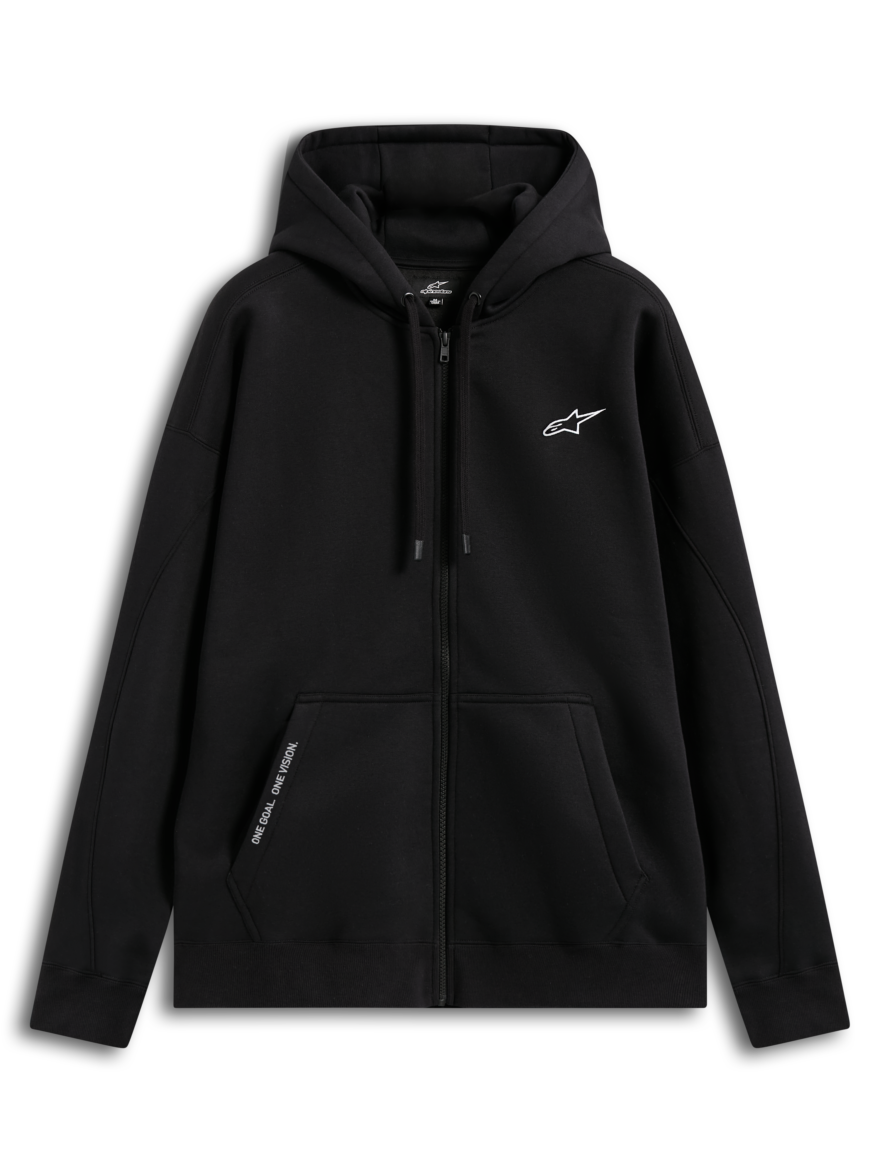 Alpinestars Pioneer Oversized Hoodie, czarna bluza z kapturem na zamek, krój oversize, przedni zamek Vislon, kieszeń kangurka z haftem ONE GOAL. ONE VISION., haftowane logo na piersi, wykonana z bawełny i poliestru z recyklingu