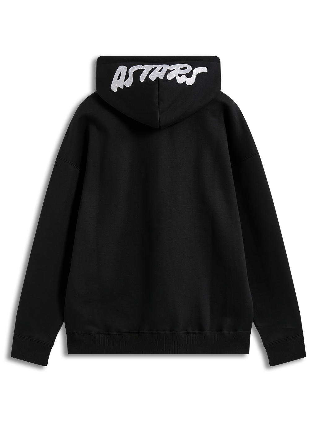 Alpinestars Pioneer Oversized Hoodie, czarna bluza z kapturem z polaru, białe haftowane logo Astars na kapturze, widok z tyłu