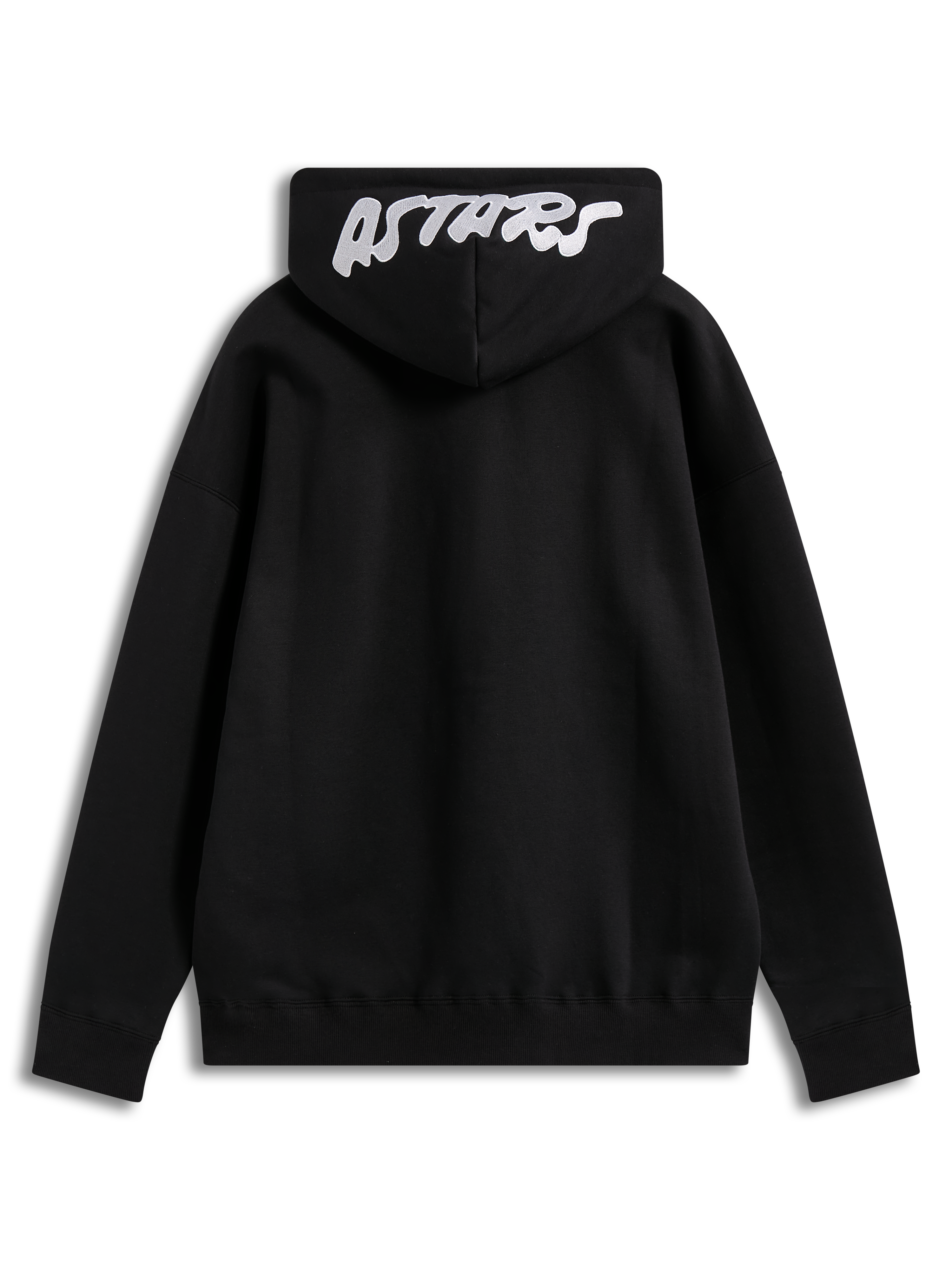 Alpinestars Pioneer Oversized Hoodie, czarna bluza z kapturem z polaru, białe haftowane logo Astars na kapturze, widok z tyłu
