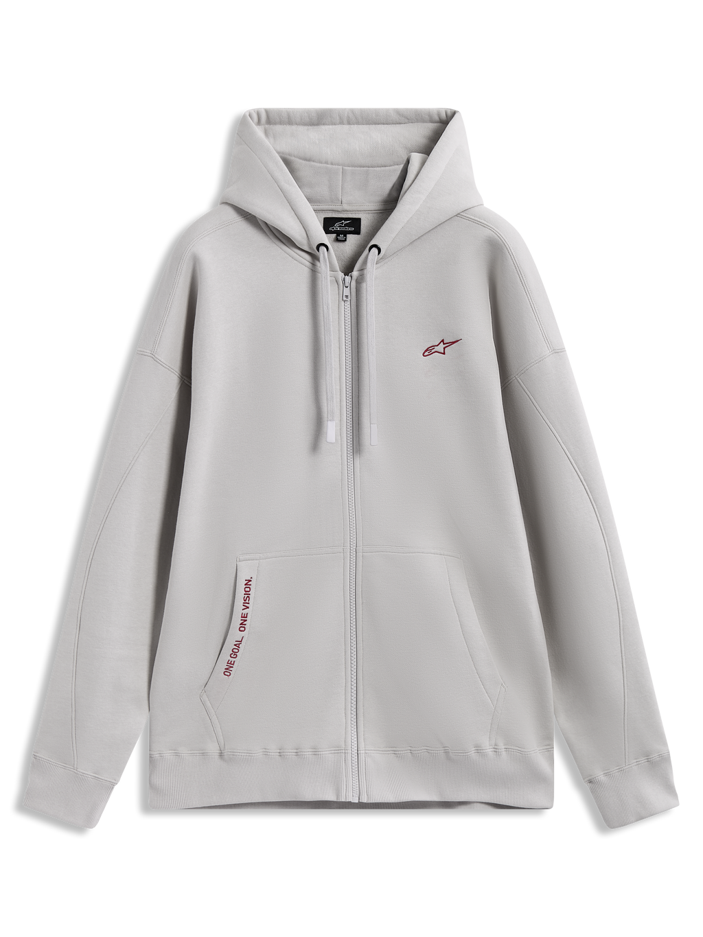 Alpinestars Pioneer Oversized Hoodie, szara rozpinana bluza z kapturem, czerwone logo i napis na kieszeni kangurce.