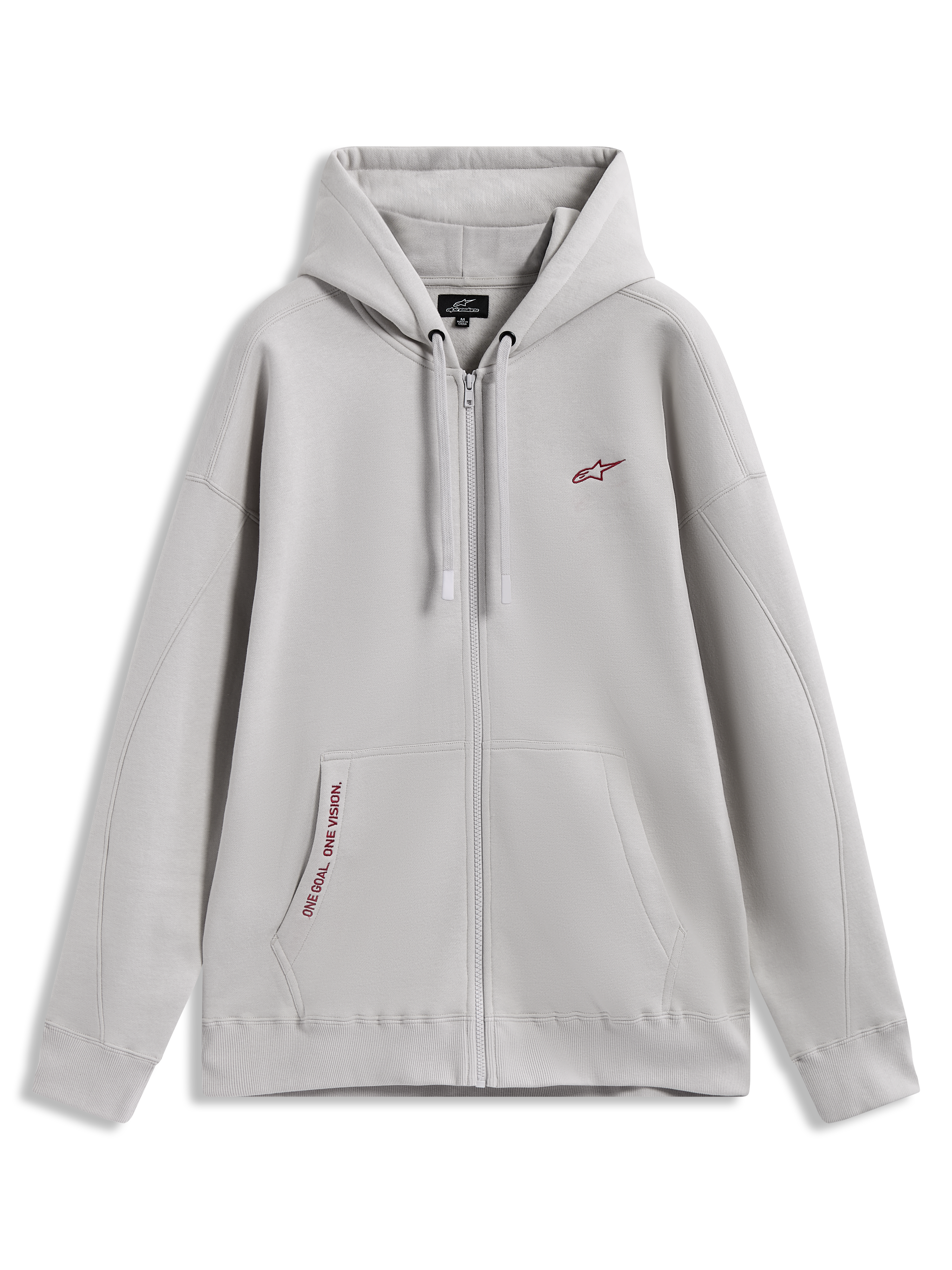 Alpinestars Pioneer Oversized Hoodie, szara rozpinana bluza z kapturem, czerwone logo i napis na kieszeni kangurce.