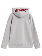 Alpinestars Pioneer Oversized Hoodie, piaskowa bluza z kapturem, widok z tyłu z czerwonym haftowanym logo Astars na kapturze.