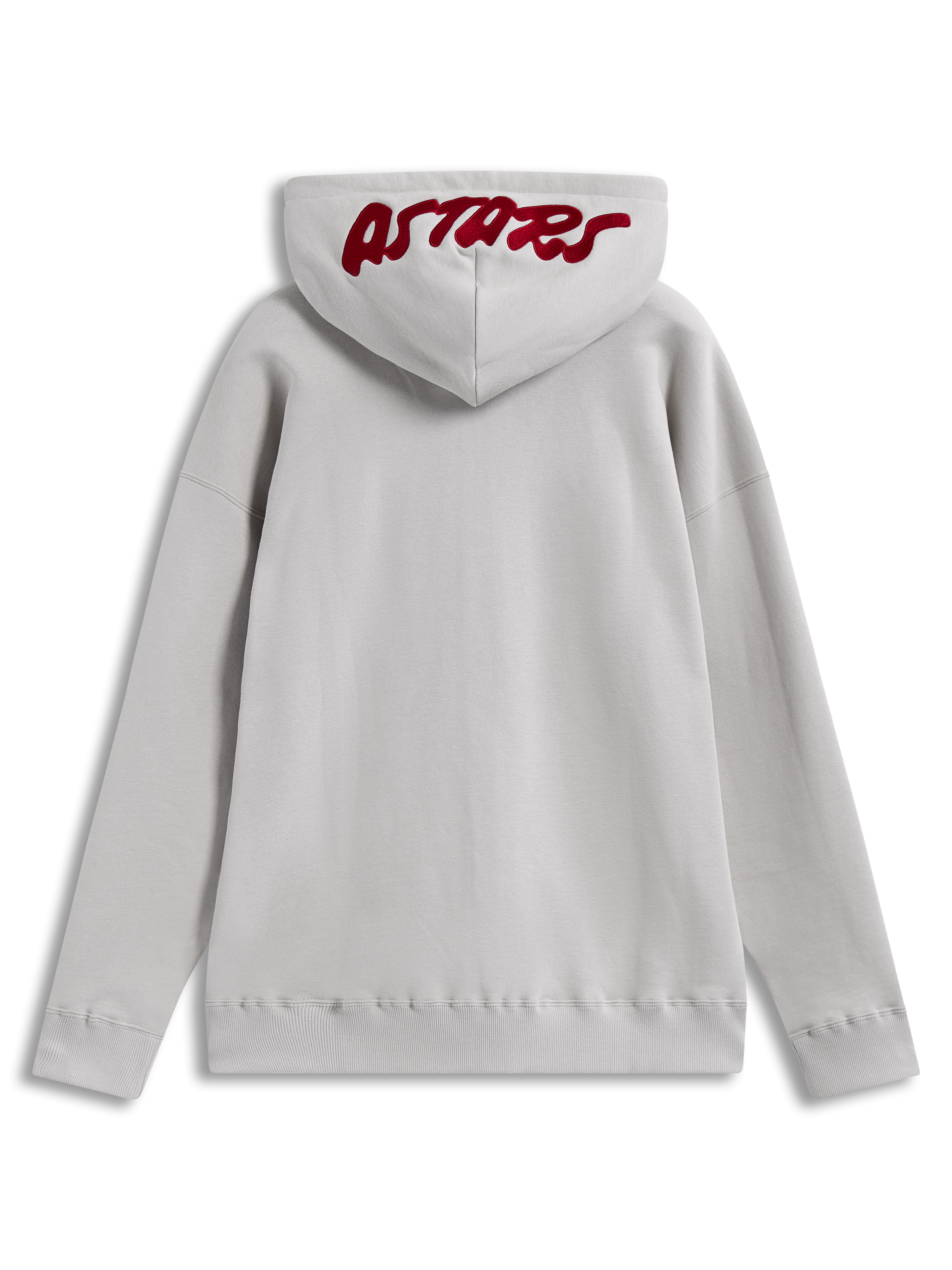 Alpinestars Pioneer Oversized Hoodie, piaskowa bluza z kapturem, widok z tyłu z czerwonym haftowanym logo Astars na kapturze.