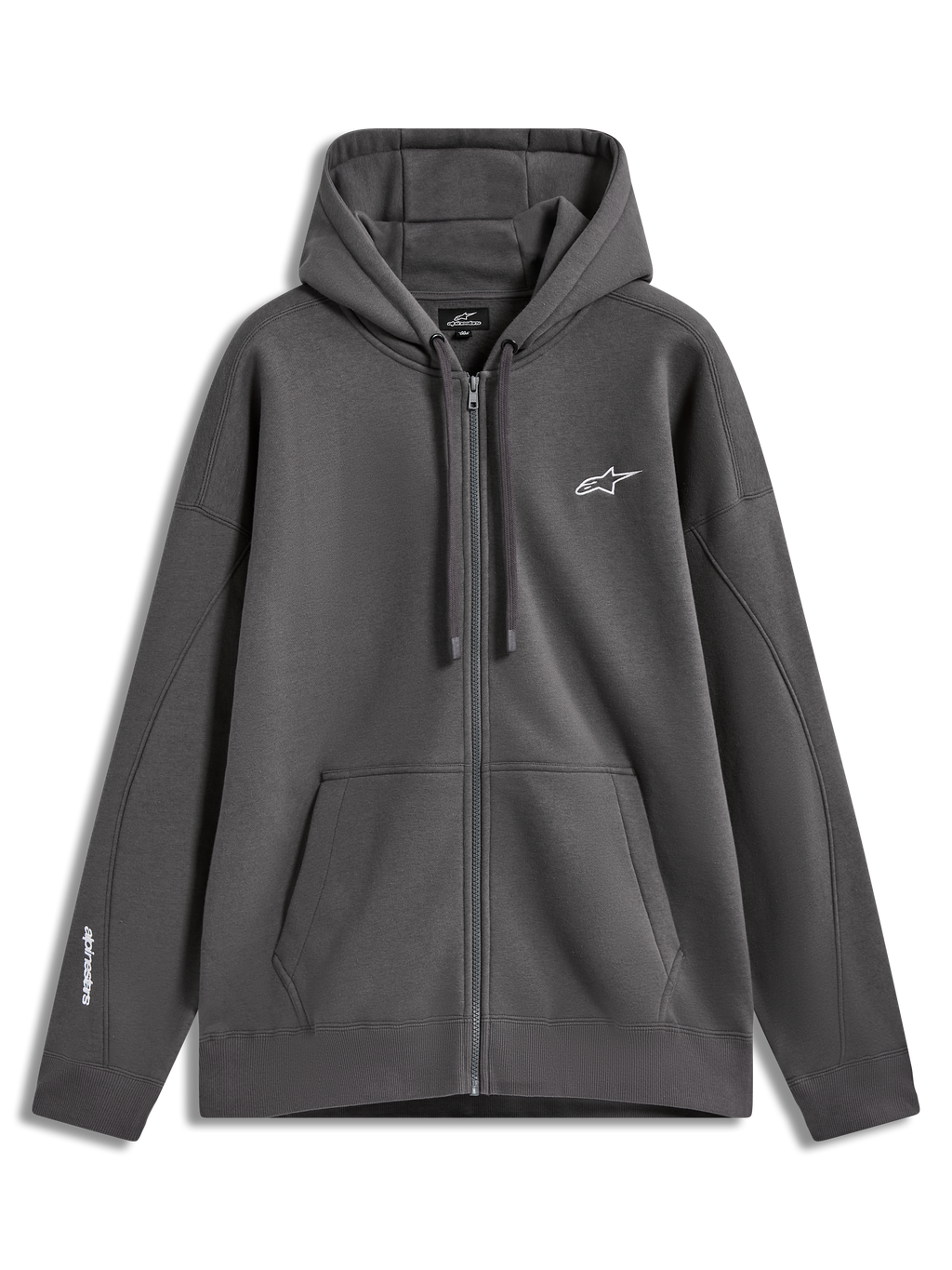 Alpinestars Entity Oversized Hoodie, ciemnoszara bluza z kapturem na zamek, polarowa odzież sportowa z białym haftowanym logo i kieszenią kangurką.