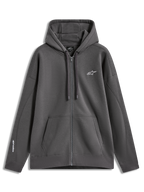 Alpinestars Entity Oversized Hoodie, ciemnoszara bluza z kapturem na zamek, polarowa odzież sportowa z białym haftowanym logo i kieszenią kangurką.