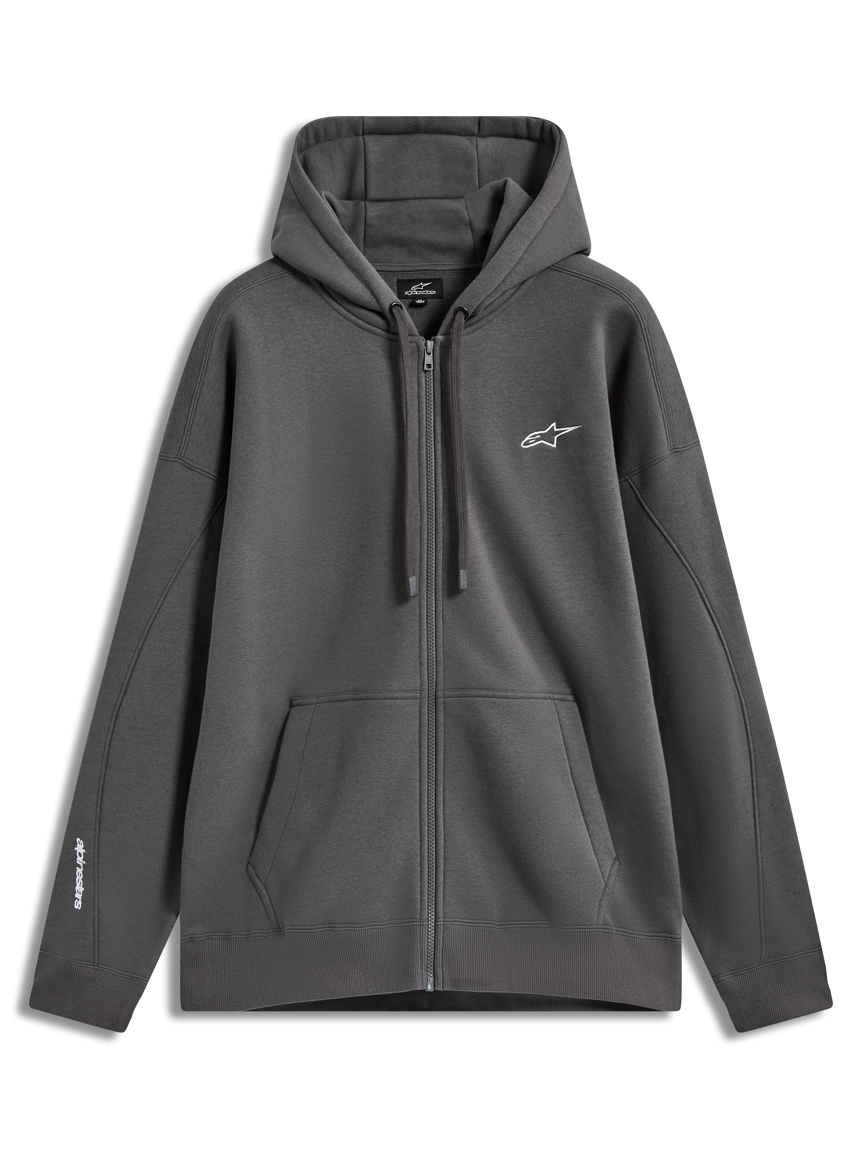 Alpinestars Entity Oversized Hoodie, ciemnoszara bluza z kapturem na zamek, polarowa odzież sportowa z białym haftowanym logo i kieszenią kangurką.