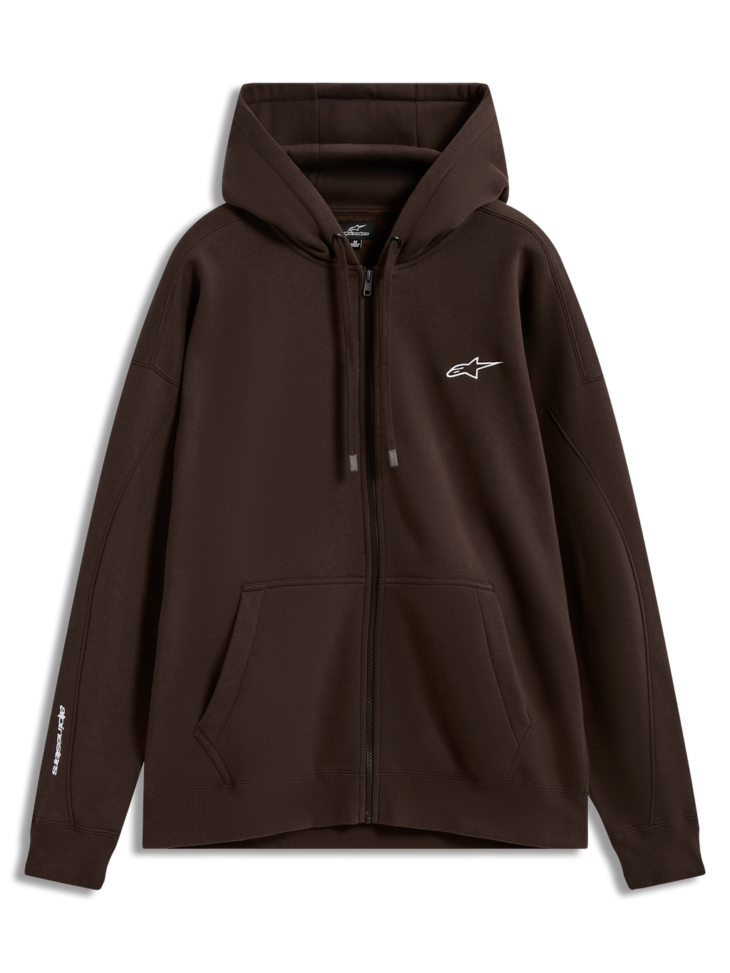 Alpinestars Entity Oversized Hoodie, brązowa bluza z kapturem zapinana na zamek, sportowy polar z białym logo na piersi i rękawie oraz kieszenią typu kangurka.