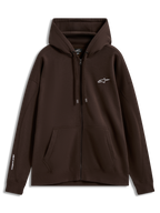 Alpinestars Entity Oversized Hoodie, brązowa bluza z kapturem zapinana na zamek, sportowy polar z białym logo na piersi i rękawie oraz kieszenią typu kangurka.