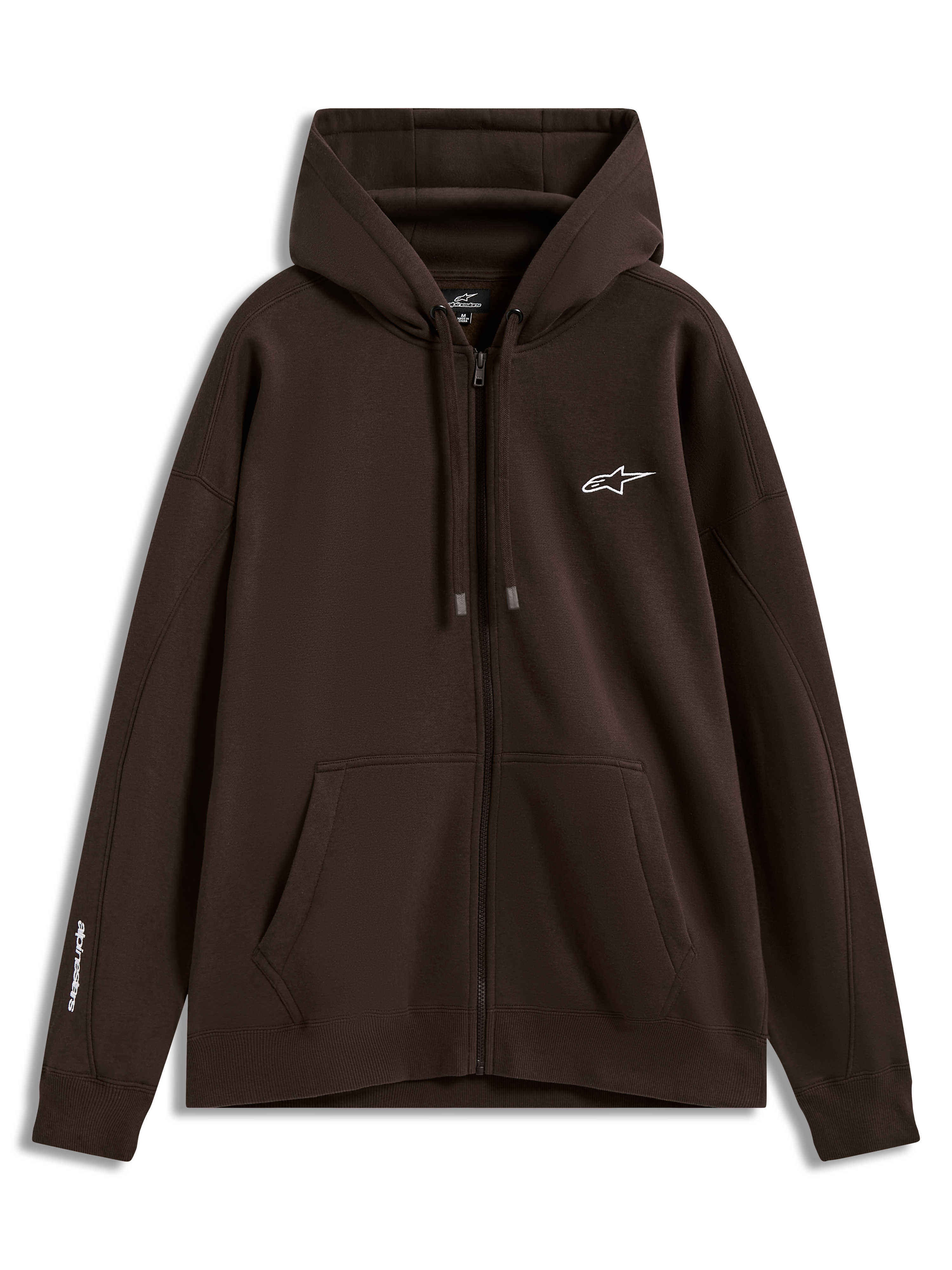 Alpinestars Entity Oversized Hoodie, brązowa bluza z kapturem zapinana na zamek, sportowy polar z białym logo na piersi i rękawie oraz kieszenią typu kangurka.