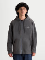 Alpinestars Bluza z kapturem Entity Oversized, szara sportowa bluza rozpinana, zamek Vislon, haftowane logo Astars, fason oversized na modelu, bawełna i poliester z recyklingu, casualowa odzież lifestyle