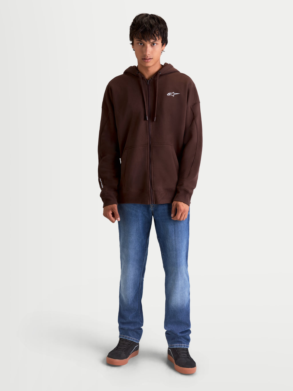Alpinestars Bluza Z Kapturem Entity Oversized, brązowa męska bluza sportowa na zamek, fason oversized, wykonana z polaru, zamek Vislon, kieszeń kangurka, białe haftowane logo Astars na piersi.