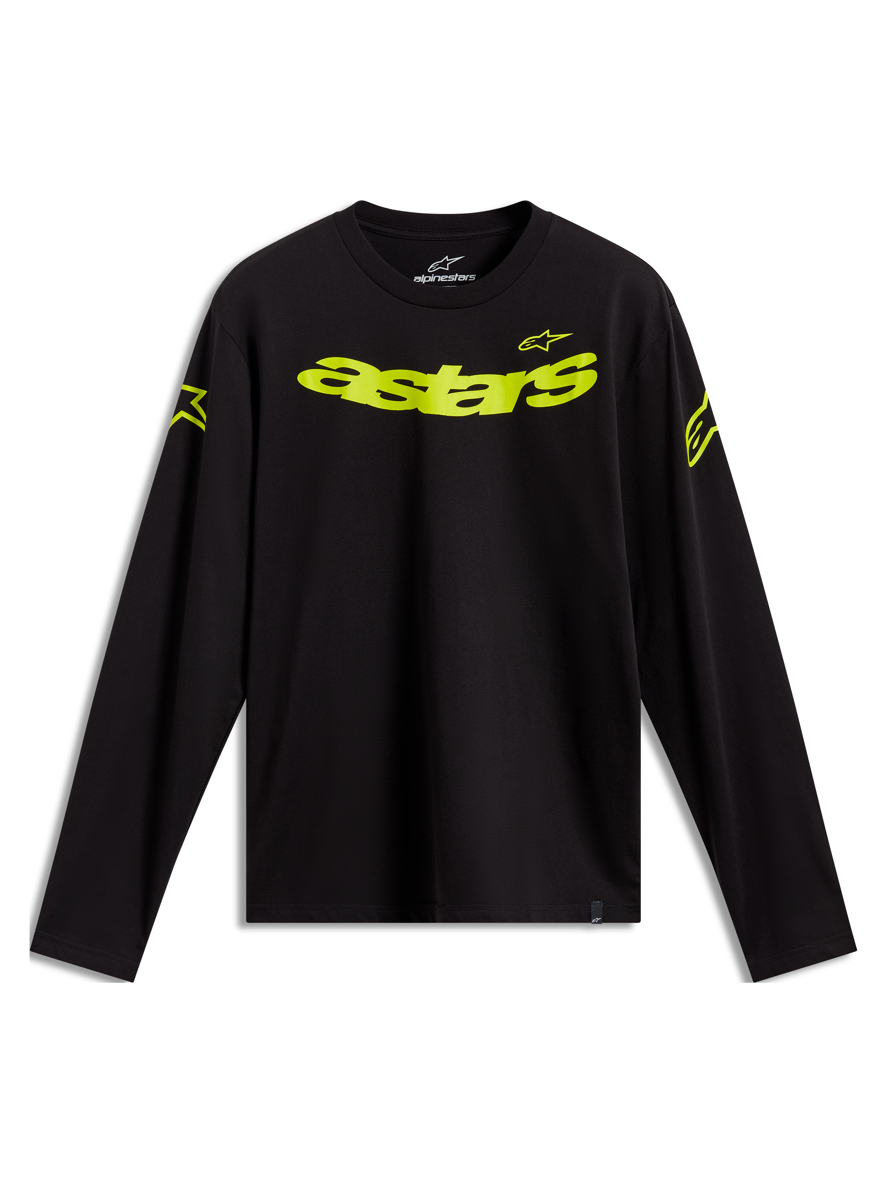 Alpinestars Velocifier CSF Long Sleeve Tee in black, featuring a neon yellow curved Astars graphic and shoulder logos.