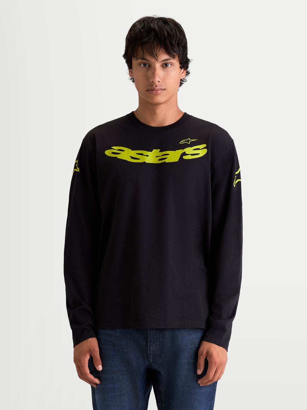 Alpinestars Velocifier CSF Tee, Men's Long Sleeve Sportswear T-Shirt, Black with Yellow Curved Astars Graphic and Shoulder Logos, Cotton-Blend Motorsport-Inspired Casual Wear