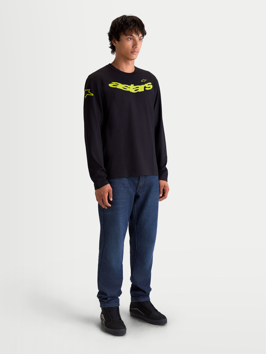 Alpinestars Velocifier CSF Tee, Long Sleeve Sportswear T-Shirt, Black and Yellow, featuring Curved Astars Front Graphic and Shoulder Logos, Men's Casual Motorsport-Inspired Apparel.