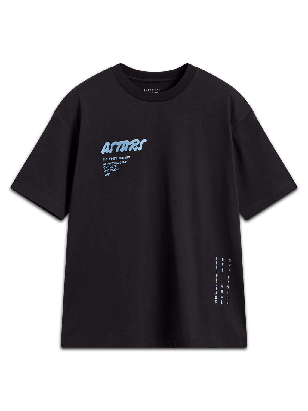 Alpinestars Chalk Oversized CSF Tee, czarna koszulka z krótkim rękawem, jasnoniebieskie logo Astars na piersi oraz branding z boku, krój oversized, sportowa odzież lifestyle.