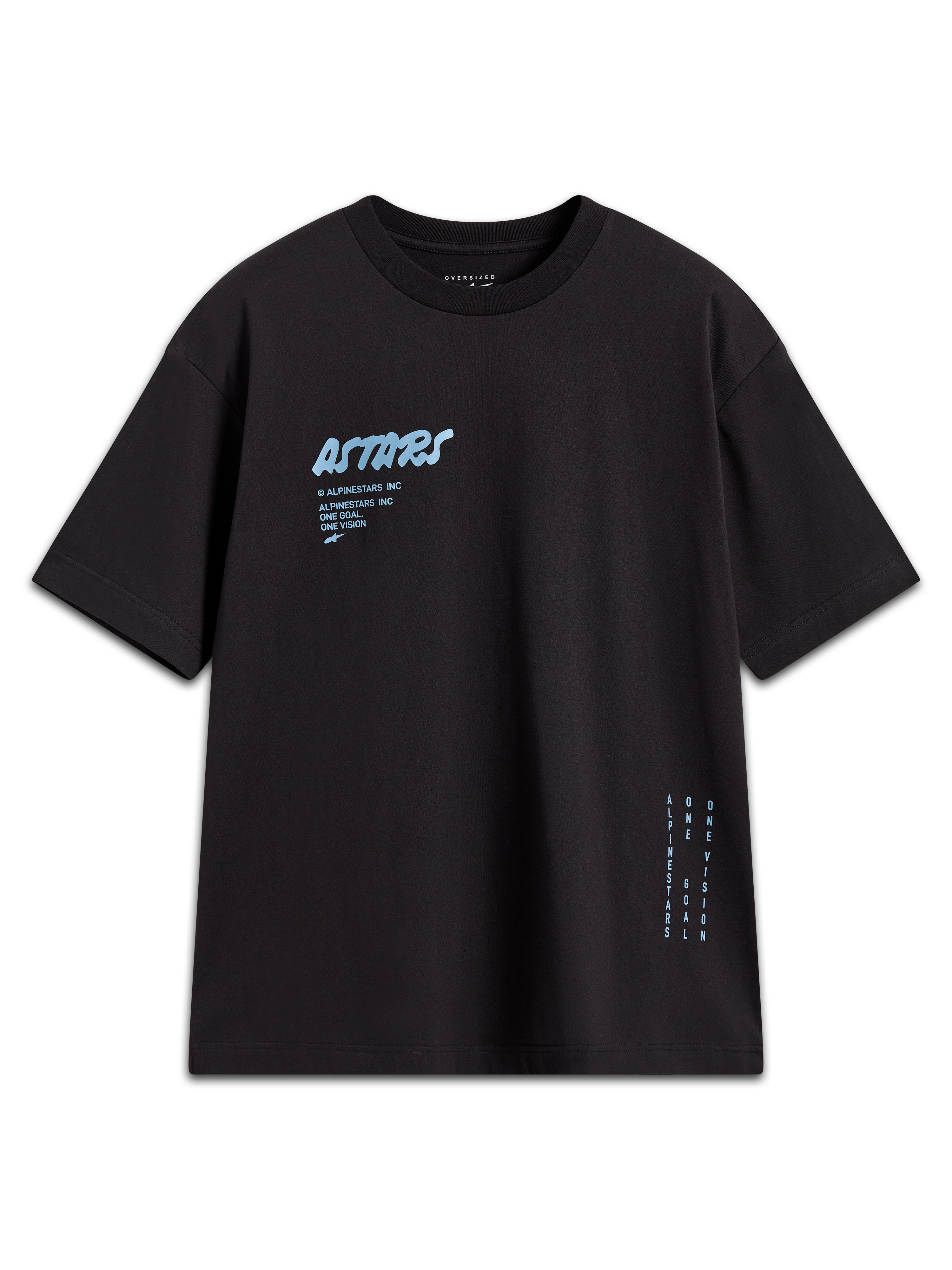 Alpinestars Chalk Oversized CSF Tee, czarna koszulka z krótkim rękawem, jasnoniebieskie logo Astars na piersi oraz branding z boku, krój oversized, sportowa odzież lifestyle.