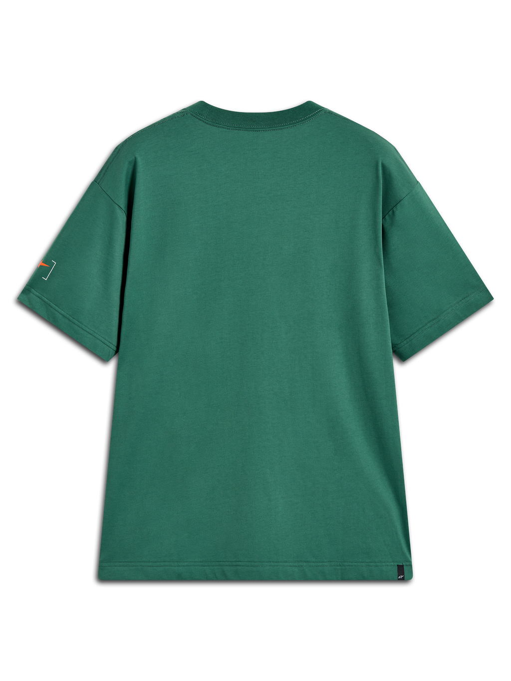 Alpinestars Infinity Oversized CSF Tee, zielona koszulka z krótkim rękawem, tył z pomarańczową grafiką, odzież sportowa.