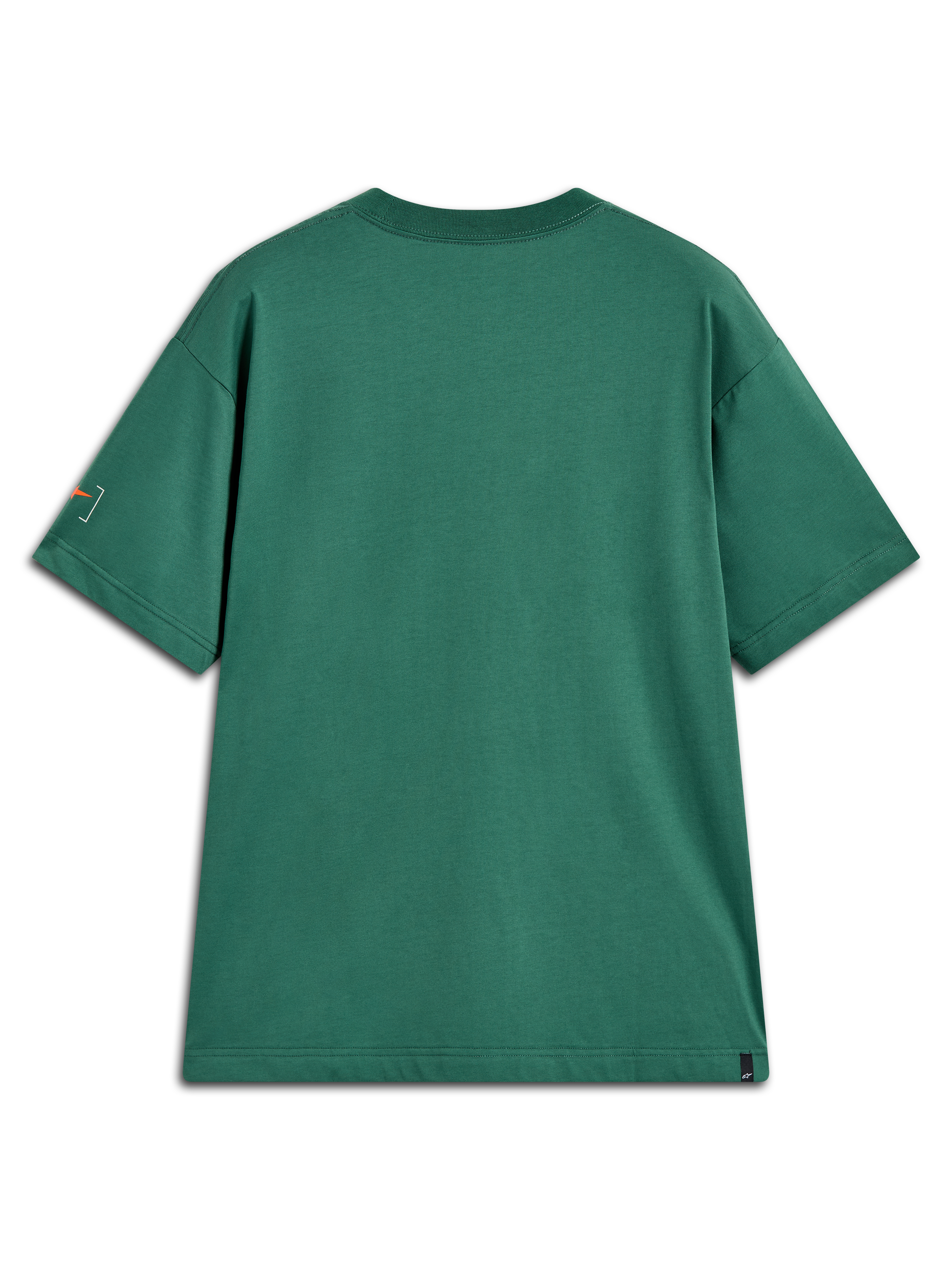Alpinestars Infinity Oversized CSF Tee, zielona koszulka z krótkim rękawem, tył z pomarańczową grafiką, odzież sportowa.