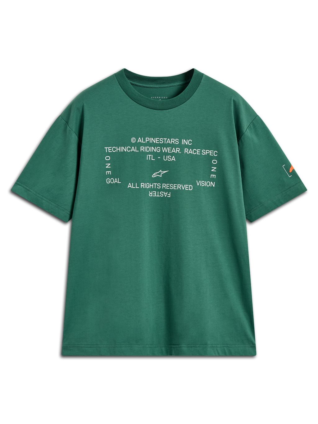 Alpinestars Infinity Oversized CSF Tee, zielona koszulka z krótkim rękawem, biała grafika techniczna z przodu i logo Astars na rękawie.