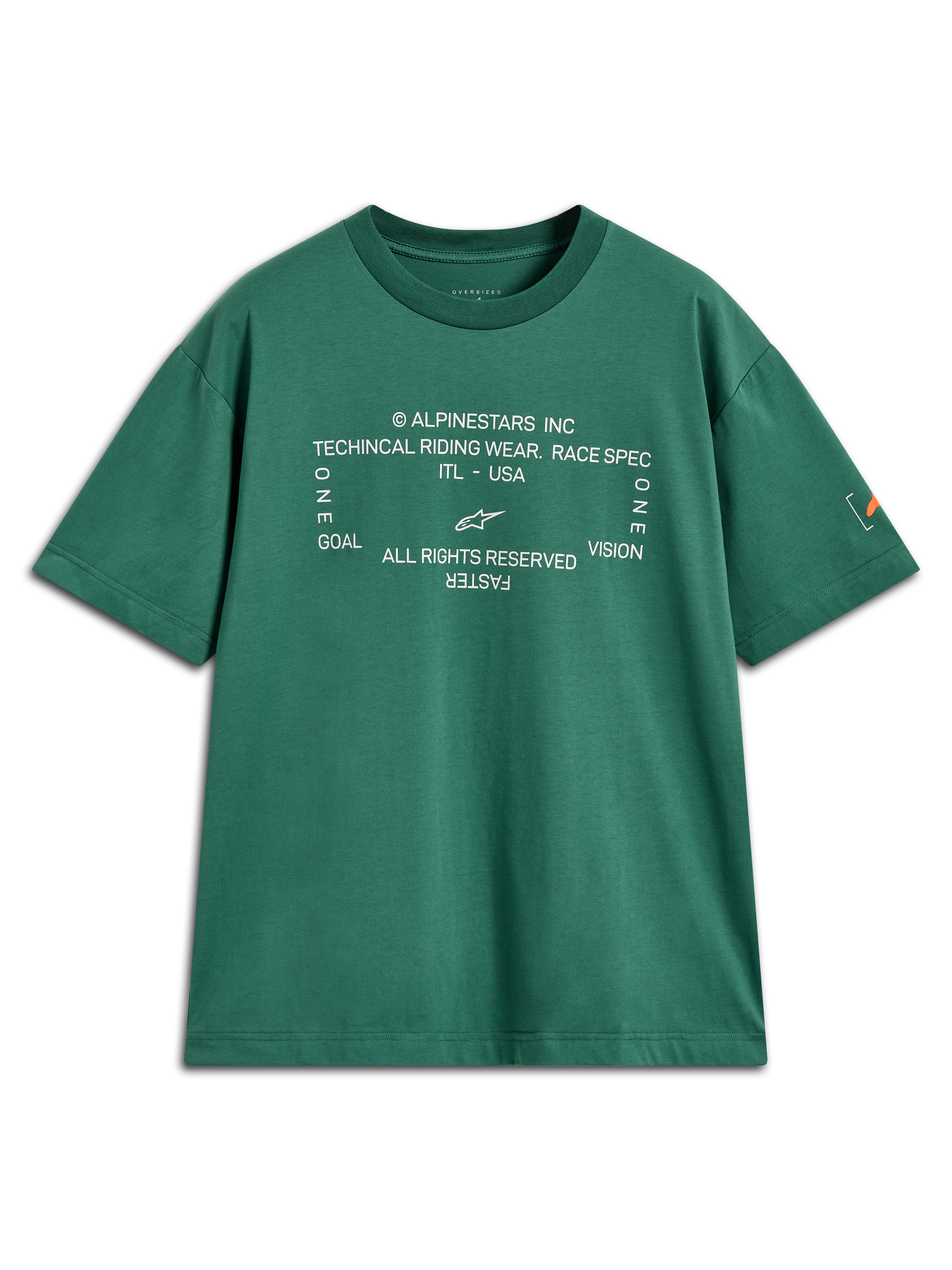 Alpinestars Infinity Oversized CSF Tee, zielona koszulka z krótkim rękawem, biała grafika techniczna z przodu i logo Astars na rękawie.