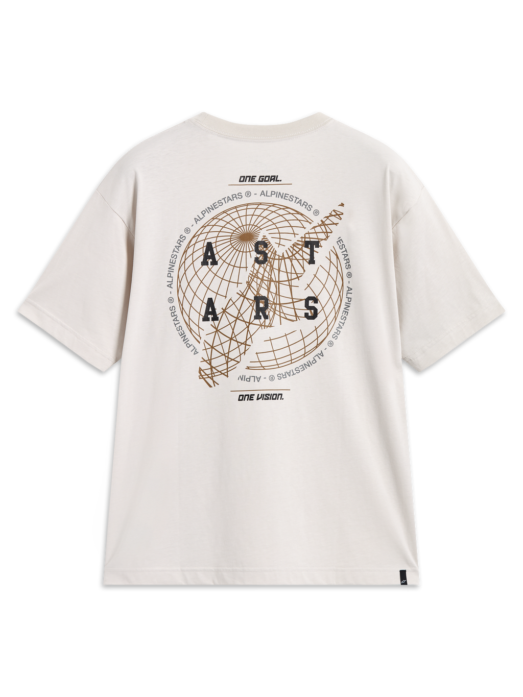 Alpinestars Latitude Oversized CSF Tee, beżowa koszulka z krótkim rękawem, grafika z globusem i logo Astars na plecach.