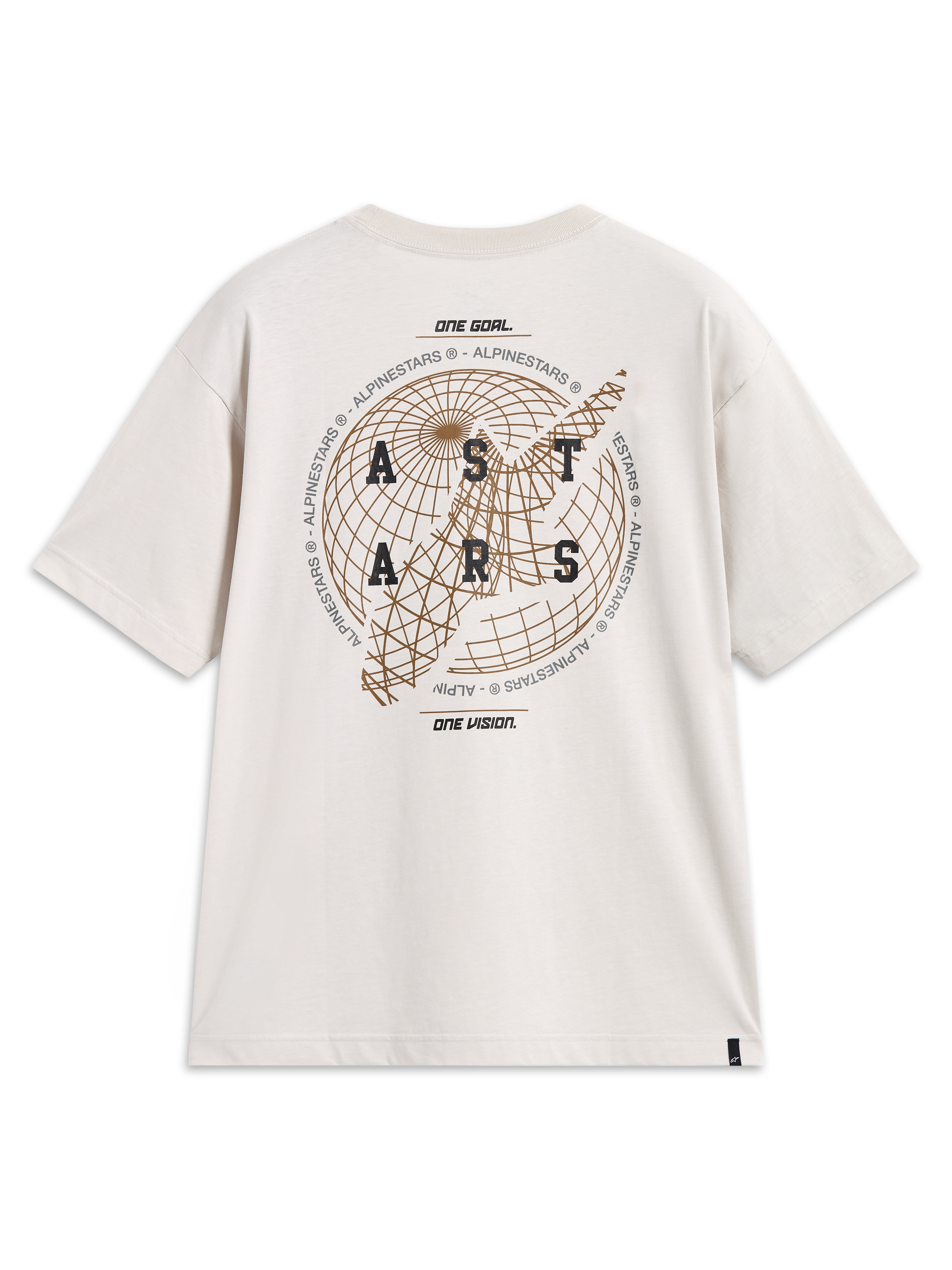 Alpinestars Latitude Oversized CSF Tee, beżowa koszulka z krótkim rękawem, grafika z globusem i logo Astars na plecach.