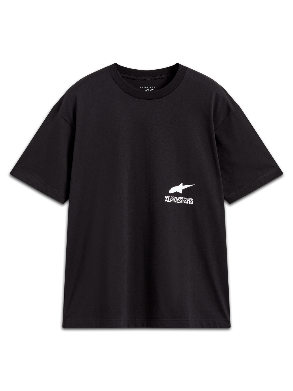 Alpinestars Institute Oversized CSF Tee, czarna koszulka z krótkim rękawem, krój oversized, białe logo i slogan One Goal One Vision, codzienna odzież sportowa