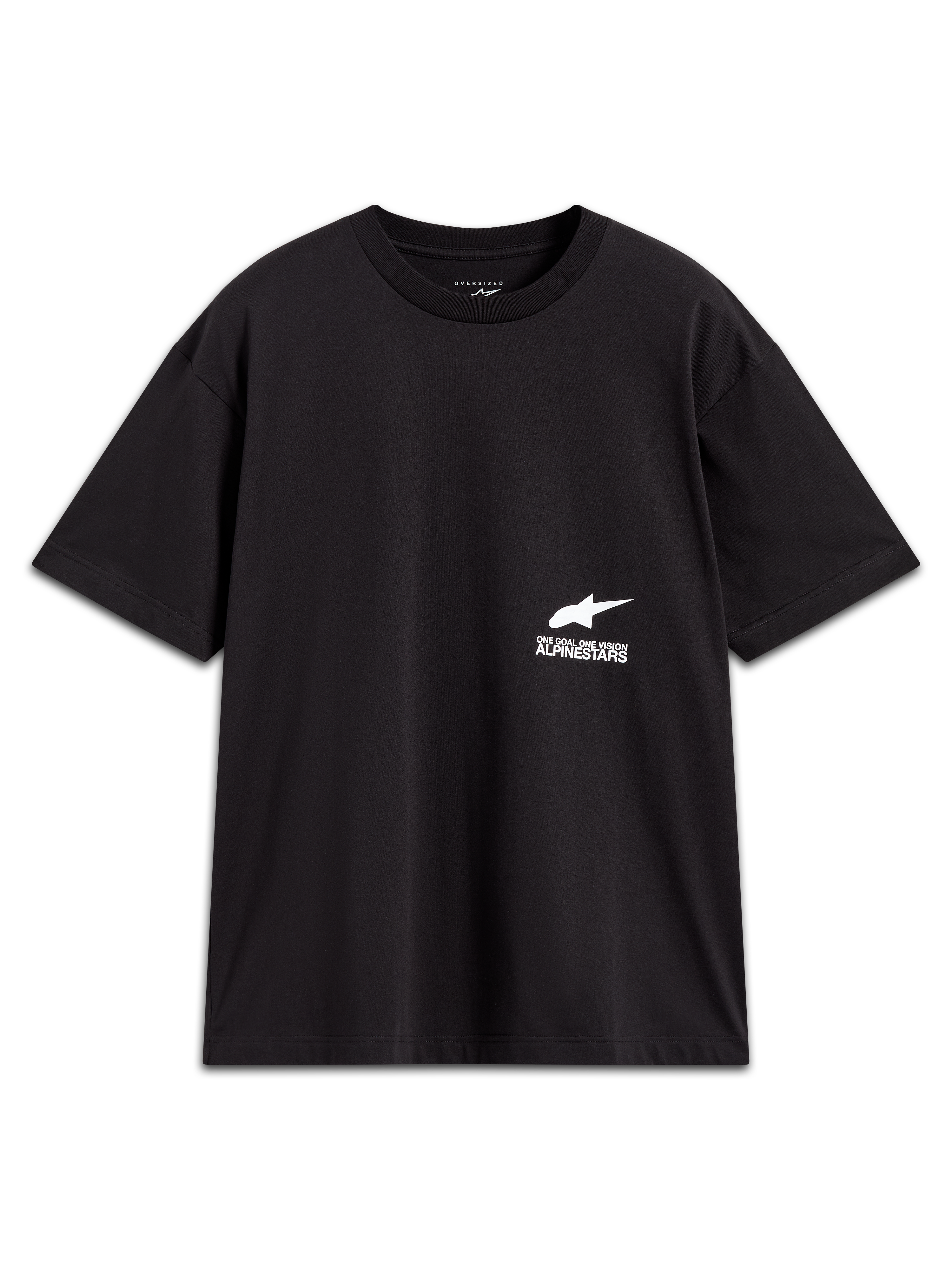 Alpinestars Institute Oversized CSF Tee, czarna koszulka z krótkim rękawem, krój oversized, białe logo i slogan One Goal One Vision, codzienna odzież sportowa