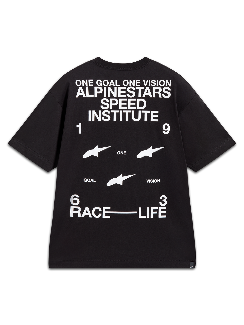 Alpinestars Institute Oversized CSF Tee, czarna koszulka z krótkim rękawem, białe grafiki na plecach z logo Speed Institute.