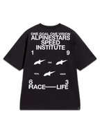 Alpinestars Institute Oversized CSF Tee, czarna koszulka z krótkim rękawem, białe grafiki na plecach z logo Speed Institute.