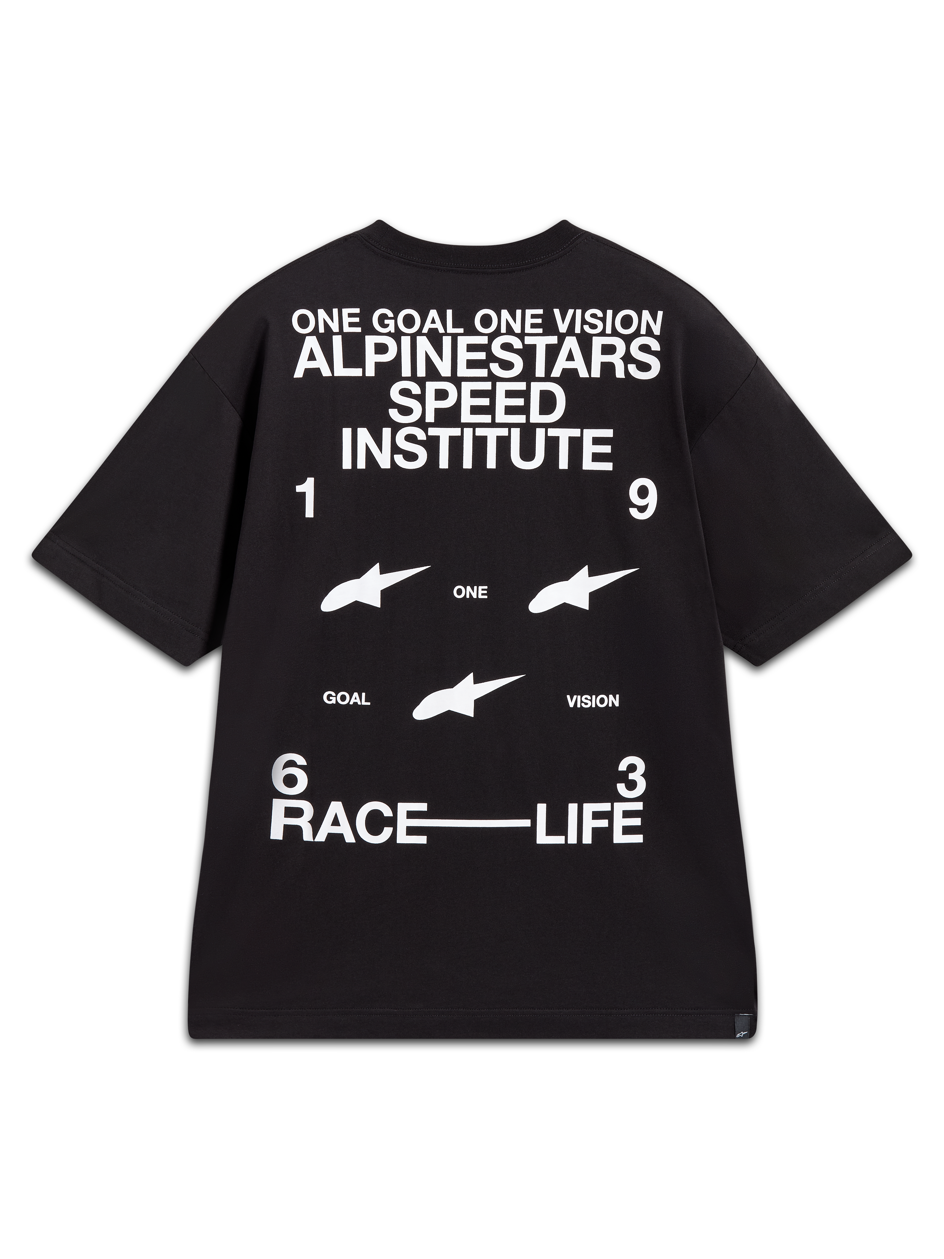 Alpinestars Institute Oversized CSF Tee, czarna koszulka z krótkim rękawem, białe grafiki na plecach z logo Speed Institute.