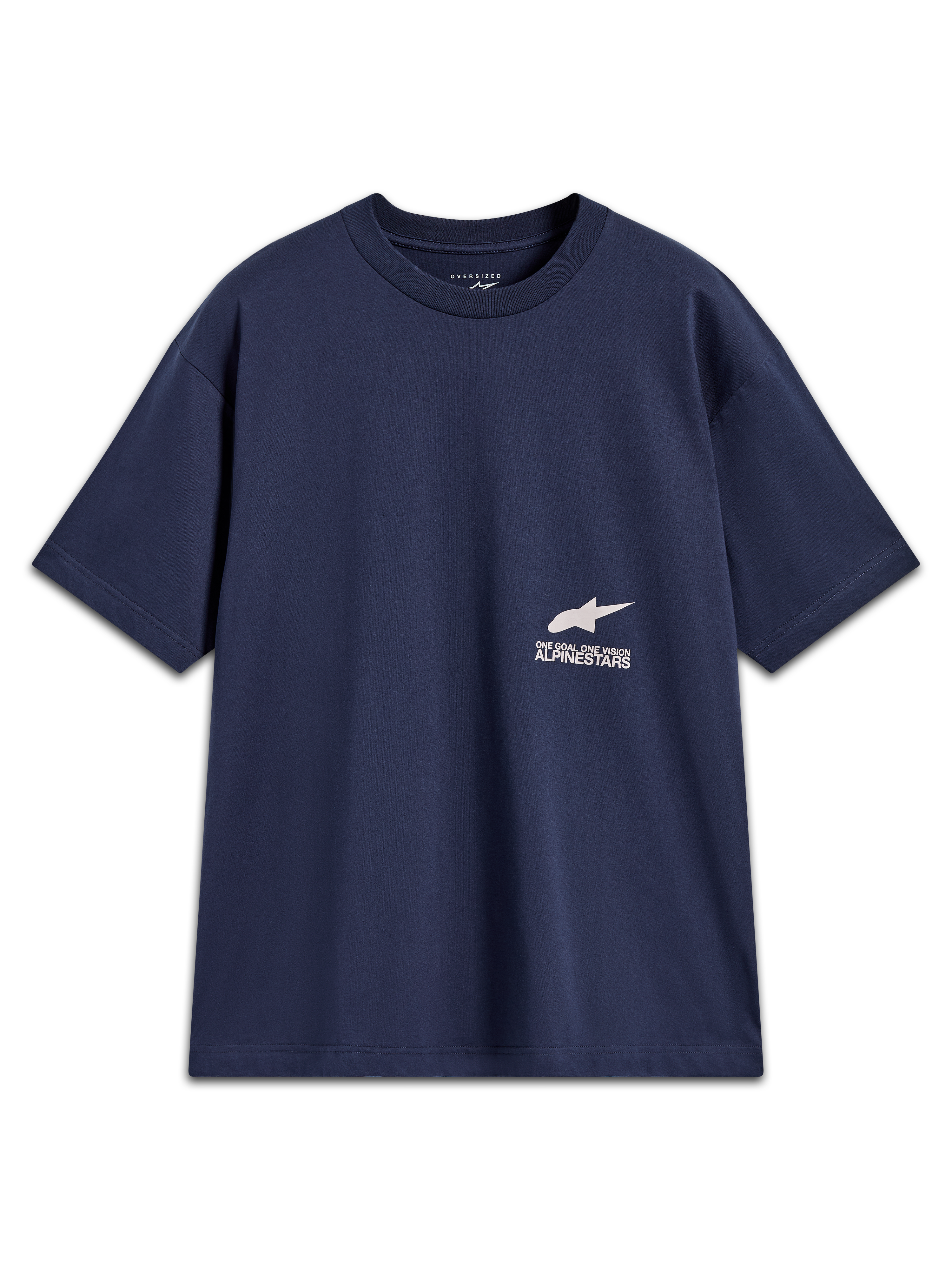 Alpinestars Institute Oversized SS CSF Tee, niebieska koszulka z krótkim rękawem o kroju oversize, białe logo Astar oraz napis One Goal One Vision na piersi, casualowa odzież lifestyle