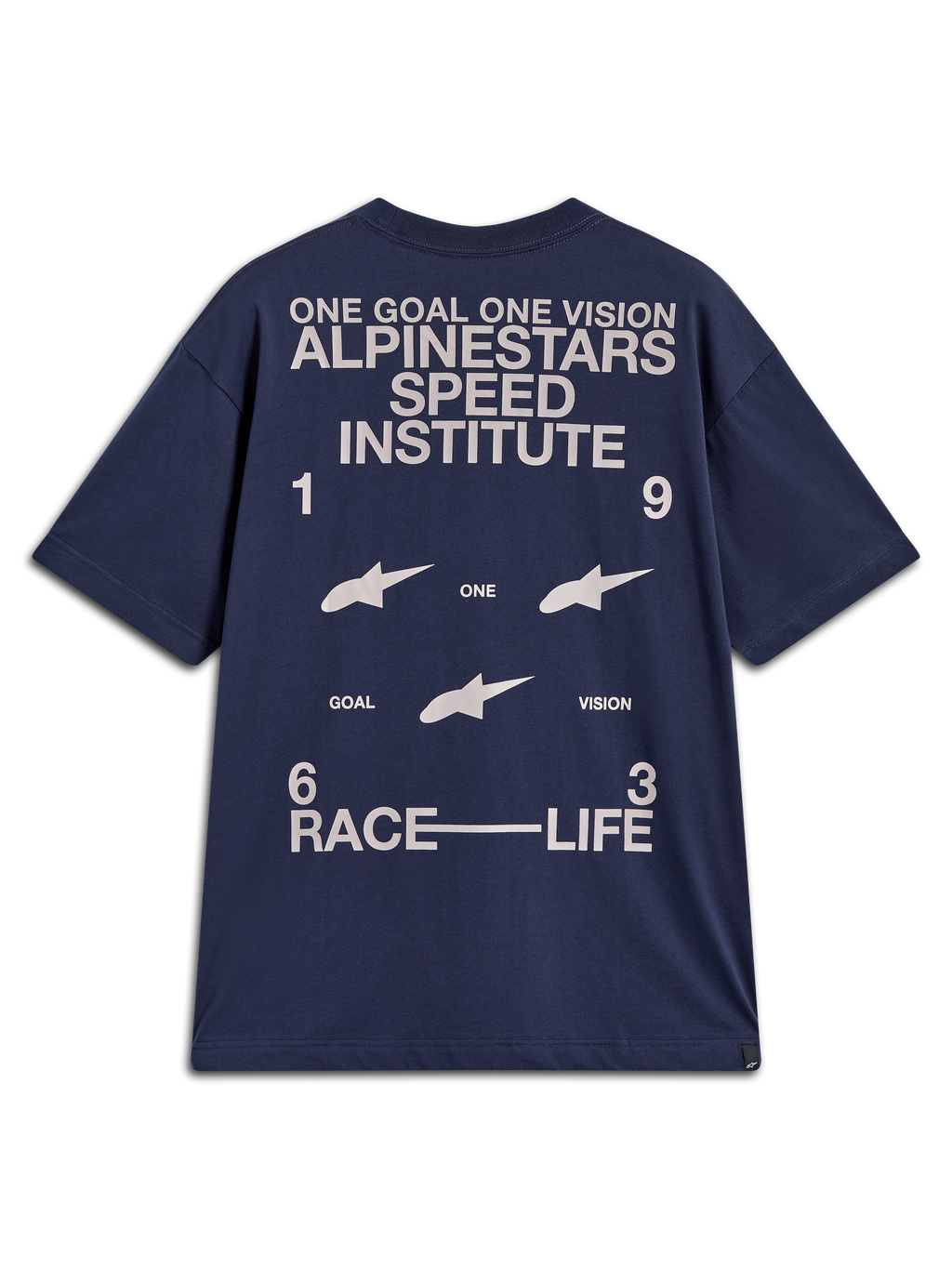 Alpinestars Institute Oversized SS CSF Tee, granatowa koszulka z krótkim rękawem, fason oversize z dużymi białymi grafikami na plecach w stylu motorsportowym, odzież lifestyle.