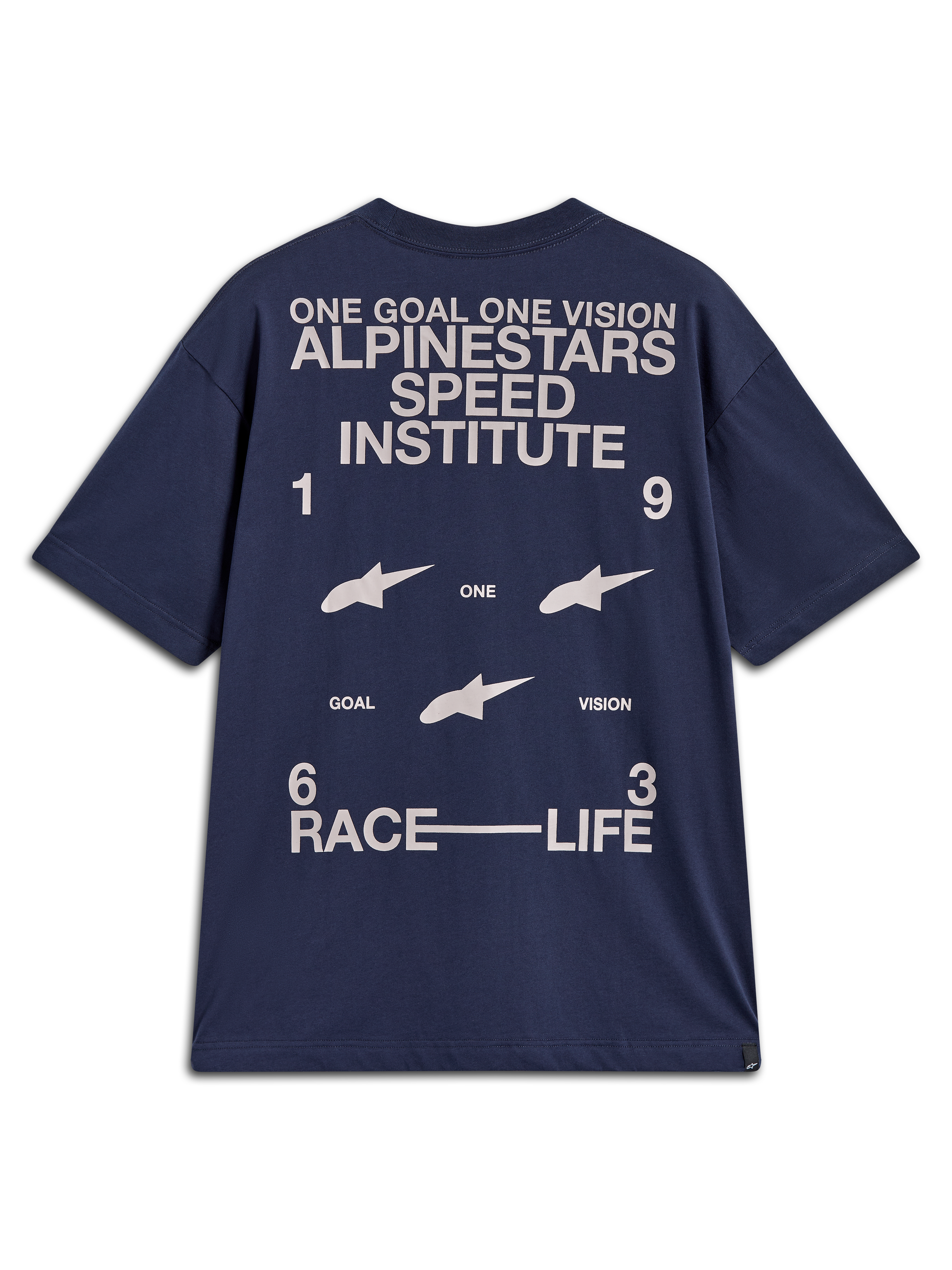 Alpinestars Institute Oversized SS CSF Tee, granatowa koszulka z krótkim rękawem, fason oversize z dużymi białymi grafikami na plecach w stylu motorsportowym, odzież lifestyle.