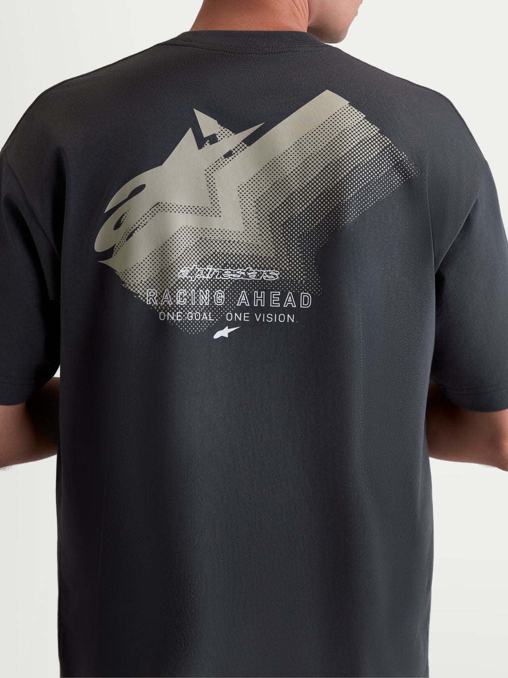 Alpinestars Ghost Oversized CSF Tee, Unisex Short Sleeve Sportswear T-Shirt, Charcoal Gray, back view showing the large logo fade graphic, relaxed oversized silhouette, cotton-poly blend.