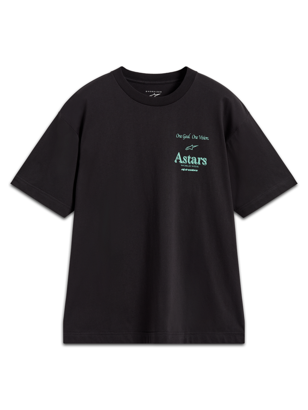 Alpinestars Post Oversized CSF Tee, czarna koszulka z krótkim rękawem, turkusowe logo Astars i slogan One Goal One Vision, odzież sportowa typu oversize