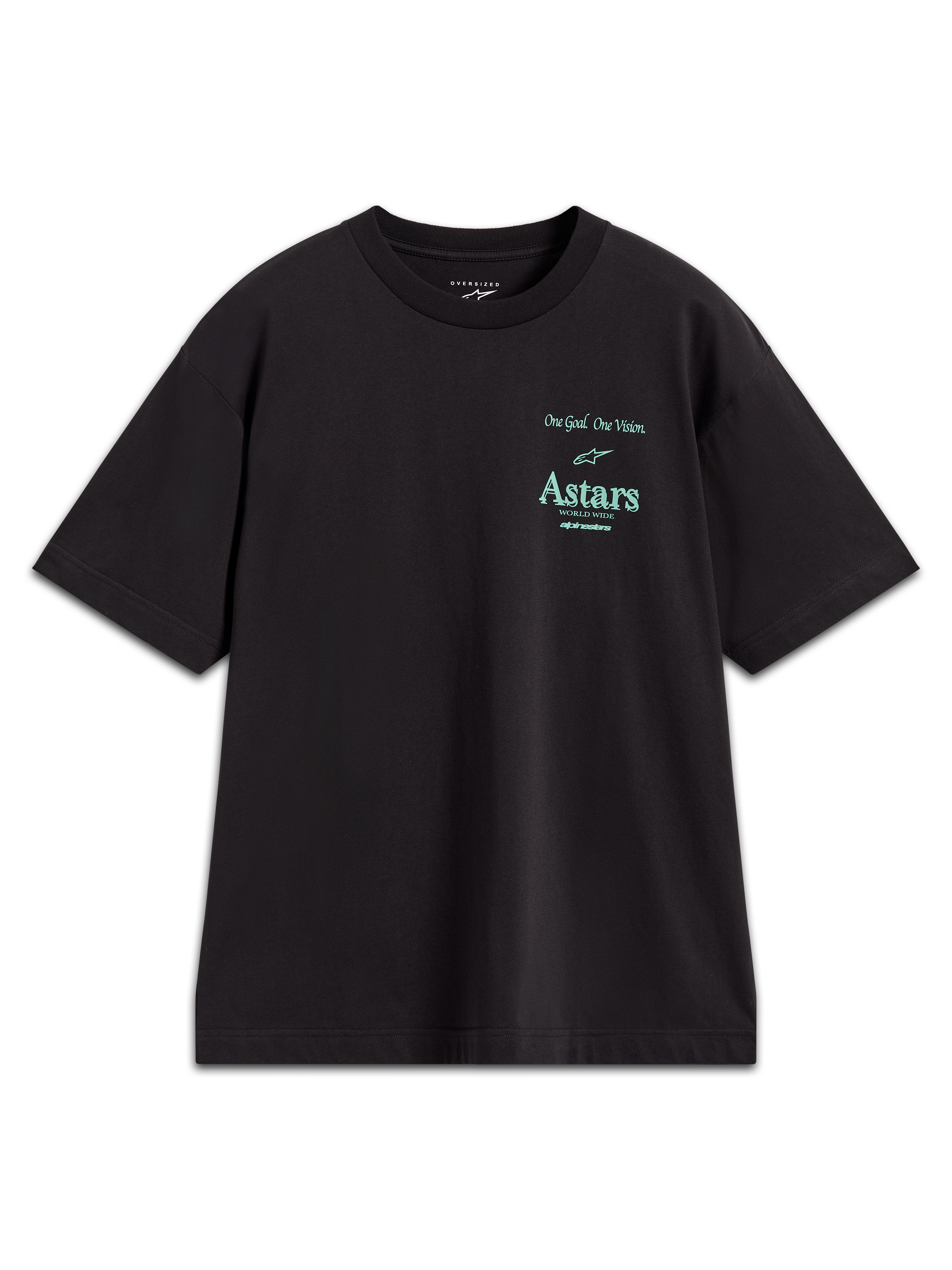 Alpinestars Post Oversized CSF Tee, czarna koszulka z krótkim rękawem, turkusowe logo Astars i slogan One Goal One Vision, odzież sportowa typu oversize