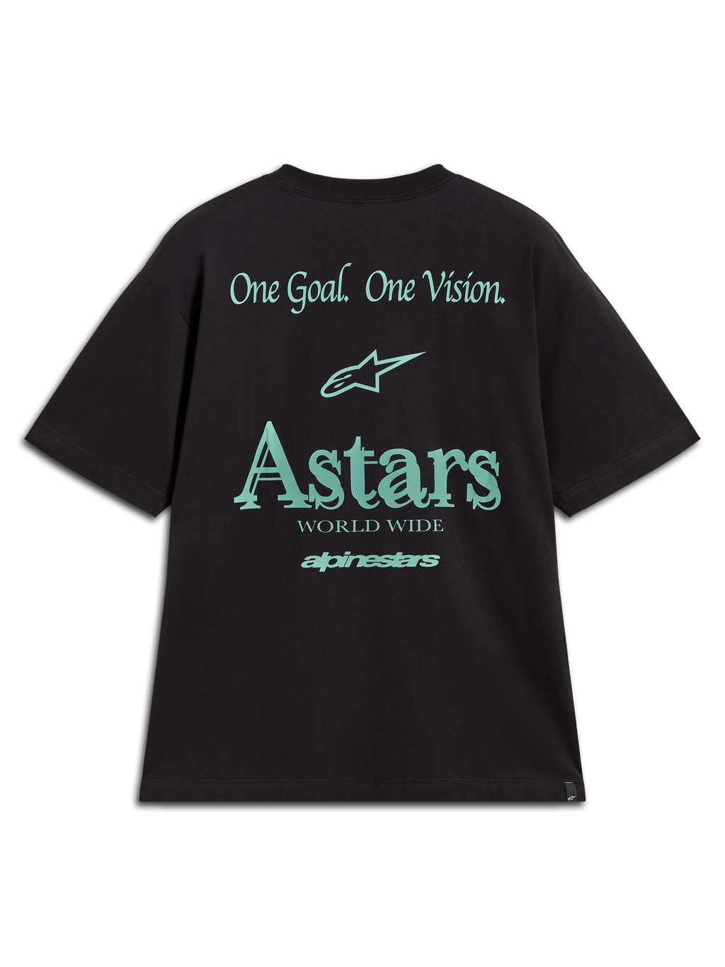 Alpinestars Post Oversized CSF Tee, czarna koszulka sportowa z krótkim rękawem, morska grafika na plecach z logo Astars oraz hasłem One Goal One Vision, odzież lifestyle w stylu motorsport